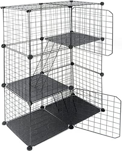 3 Tier Pet Playpen DIY Small Animal Cage Guinea Pig Rabbits Hamster Bunny Puppy Cat Metal Exercise Fence Enclosure Run Cage Metal with 3 Doors 2 Ladders 24 Panels Black 109 x 75 x 39 cm