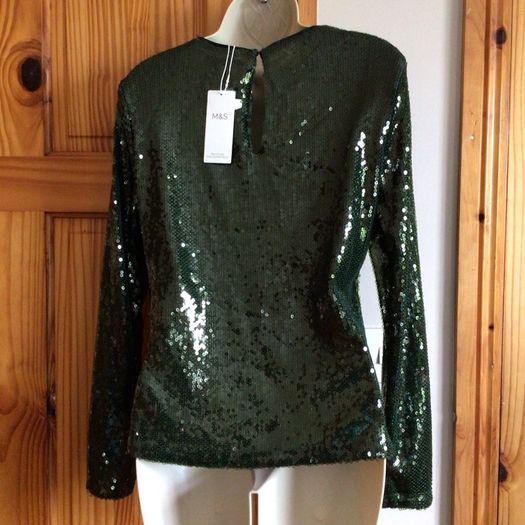 M&S Ladies Green Long Sleeve Sequin Party Festive Top size 12 Bnwts