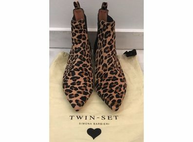 Twin Set Leopard Print Leather Ankle Boots Size Uk 6