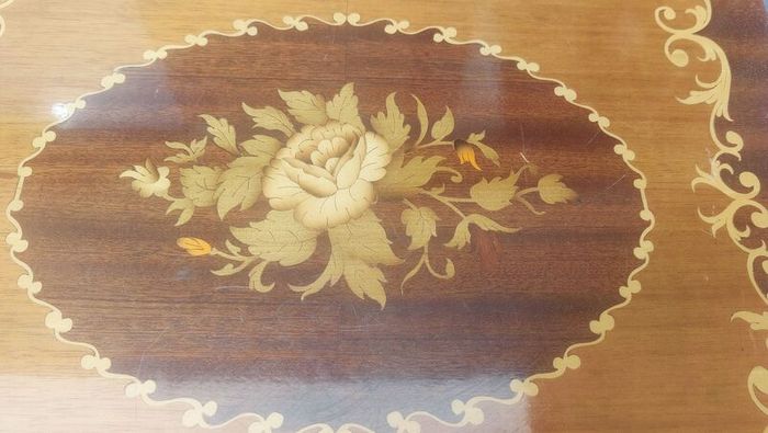 Vintage Mid Century Side Table with a Handmade Marquetry Panel Top Featuring a Floral Motif, Unknown Maker, Presume Italian-Made, Condition Issues, Needs Restoring