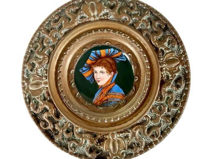 Set of 4 Antique French Brass/Hand-Painted Porcelain Wall Plaques