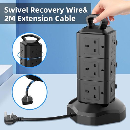 Tower Extension lead 2M, 10 Way (13A 3000W) Surge Protected Extension Sockets with 2 USB C and 2 USB A, Multi Plug Socket with 3 Independent Switches,Power Strip for Home, Office, Kitchen