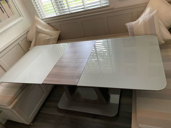 tempered glass extendable  table, driftwood colour base
