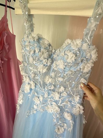 Light Blue Sweetheart 3D Floral Sequin Tulle Glitter A-Line Long Gown
