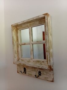 Shabby chic window mirror with hanging coat hooks