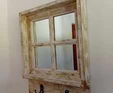Shabby chic window mirror with hanging coat hooks