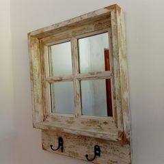 Shabby chic window mirror with hanging coat hooks