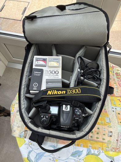 Nikon D300, barely used. Bag and accessories: Li-ion Battery Pack; Charger; 4 GB cards x2; Hahnel Infrapro Remote; Battery Grip; User's Manual; Lowpro Camera Bag.