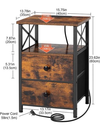 Bedside Table Set of 2, Side Table with Charging Station and Led Lights