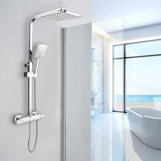 Shower System Thermostatic Set, Chrome Shower Riser Rail with Adjustable Rainfall Shower, Scalding Protection Bath Tap, Anti-Kink Bath Hose (Square, Chrome)