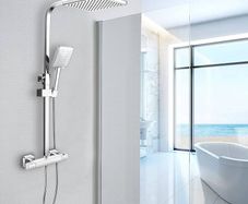 Shower System Thermostatic Set, Chrome Shower Riser Rail with Adjustable Rainfall Shower, Scalding Protection Bath Tap, Anti-Kink Bath Hose (Square, Chrome)