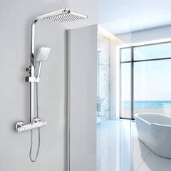 Shower System Thermostatic Set, Chrome Shower Riser Rail with Adjustable Rainfall Shower, Scalding Protection Bath Tap, Anti-Kink Bath Hose (Square, Chrome)