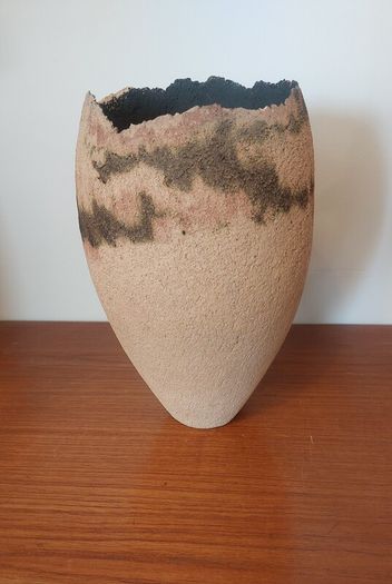 Fabulous Tall Hand-Built Studio Pottery Vase in a Textured Stoneware Clay with an Organic Asymmetric Shape, Hand Made, A Piece of Sculptural Art, But Unknown Maker