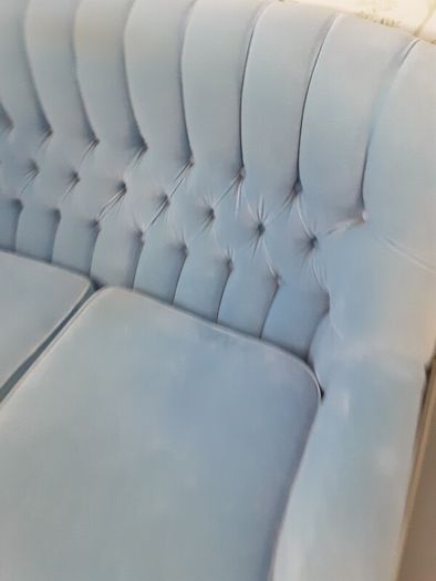 Blue velvet Dutch buttoned sofa immaculate condition