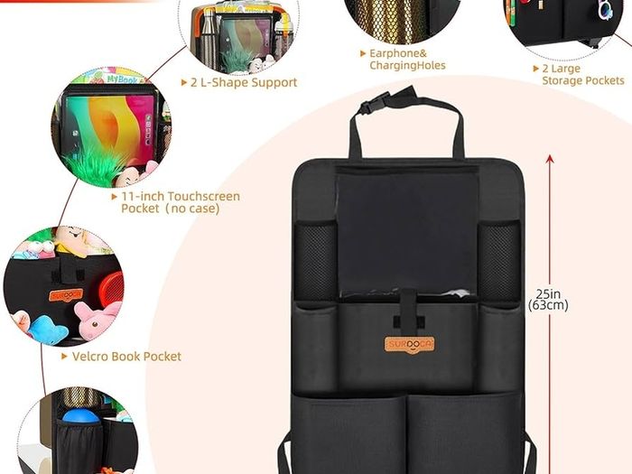 UPGRADED Car Seat Organiser for up to 11-inch Tablet Holder, 8 Pockets, Kids Toy Storage, Water Proof Back Seat Protector for Kids