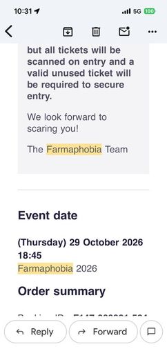 Farmaphobia ticket Haunt x 6; 18.45 on Thursday October 29