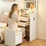 Dressing Table with LED Lights, Small Vanity Table with Flip-top Mirror, Narrow Makeup Table for Small Spaces, 3 Light Colors & 2 Drawer, Cushioned Storage Stool for Bedroom, White Image 3