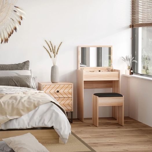 Dressing Table Set with Mirror & Stool-Wood Grain Colour (FREE POSTAGE)