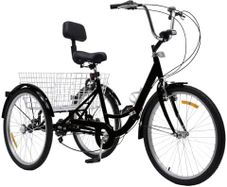 Tricycle for Adults, 24 Inch Bicycle with Basket, Tricycle Bicycle with LED Light, 3 Wheels, 7-Speed Gear, 120 kg Load Capacity