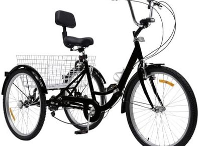 Tricycle for Adults, 24 Inch Bicycle with Basket, Tricycle Bicycle with LED Light, 3 Wheels, 7-Speed Gear, 120 kg Load Capacity