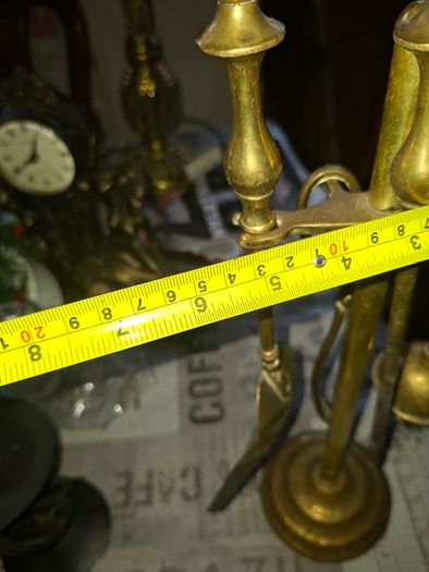 A Vintage Brass Fireplace Companion set, a Brush, Tongs, Shovel and Poker suspended on a stand, Postage available or Collection