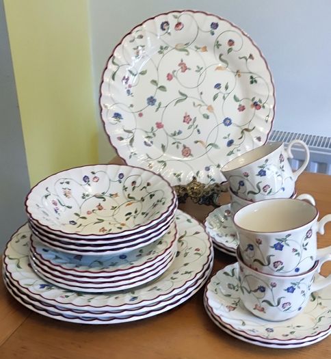 Set of 20 pcs Vintage Staffordshire Oakwood Floral with Burgundy Rim England