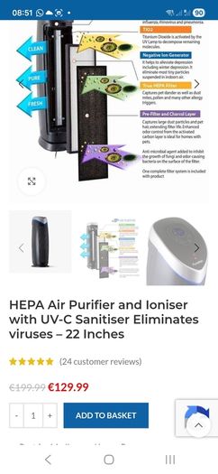 Puremate HEPA Air Purifier and Ioniser with UV-C Sanitiser Eliminates viruses