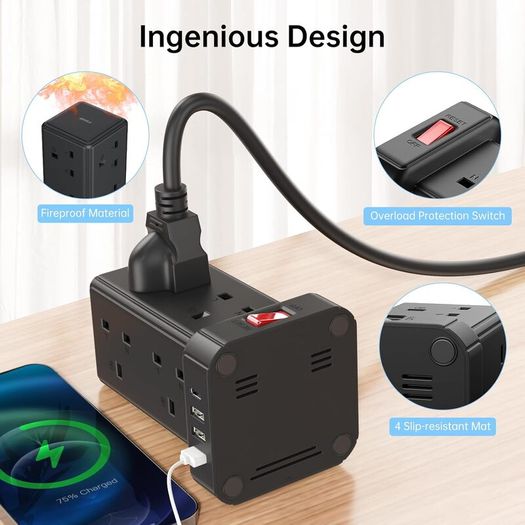 Tower Extension Lead with 8 Way Multi Plug Extension Tower & 4 USB Ports (13A),Mini Power Strip with Switch, 5M Extension Cable Surge Protection Extension Lead for Home, Kitchen,Office