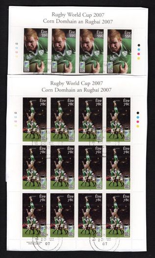 2007 Ireland Rugby World Cup France (Paul O Connell and Players in lineout) Commemorative Stamp Sheetlets Plate 1B1B1B1B fine Used with Dublin cancel of 17th July 2007 (First day of issue)