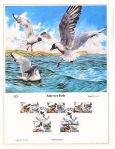 1983 Alderney Limited Edition Lithographed Print measuring 333mm X 257mm showing Alderney Birds Commemorative stamps with First Day of Issue Cancel