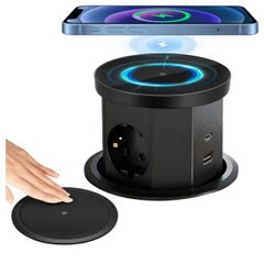 Worktop Socket with 3 Sockets with 1 USB C 1 USB A Retractable Table Socket with Wireless Charger