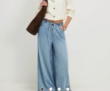 River Island Light Blue Wide Leg Pyjama Style Drawstring Jeans - Size 10 Short