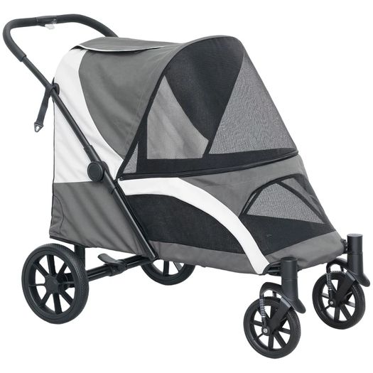 Foldable Pet Stroller for Large Dogs with 4 Big Wheels, Shock-Absorbing Frame, Safety Leashes, Brakes, Dark Grey