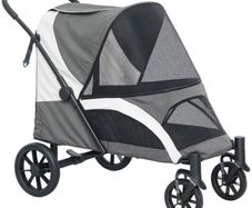 Foldable Pet Stroller for Large Dogs with 4 Big Wheels, Shock-Absorbing Frame, Safety Leashes, Brakes, Dark Grey