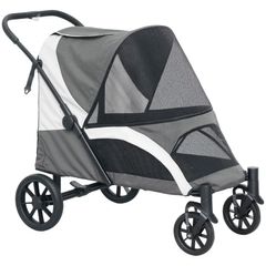Foldable Pet Stroller for Large Dogs with 4 Big Wheels, Shock-Absorbing Frame, Safety Leashes, Brakes, Dark Grey