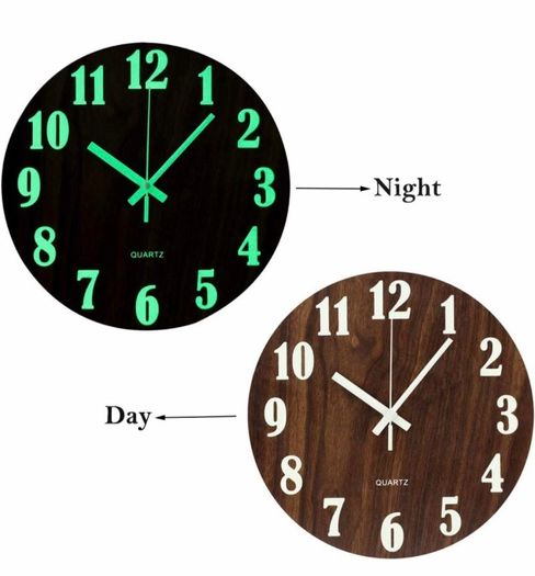 12 Inch Luminous Wall Clock Silent Wooden Design Night Lights Round Wall Clock for Living Room and Bedroom (Battery Not Included) - Brown