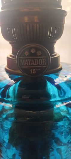 Antique Blue Glass Brass and cast iron metal large table oil lamp in very good condition and working