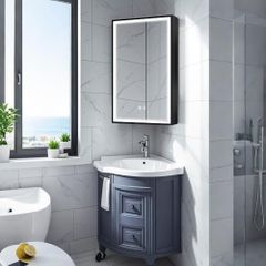 Corner Medicine Cabinet with Light,3 Colors,Dimmable,Demister,USB Shaver Socket,Brush Aluminum Framed,13.8x27.5inch