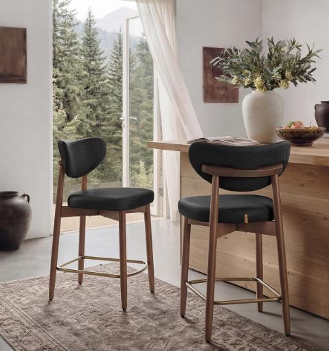 Set of 2 Bar Stools with Backrest Solid Wood Legs in PU Leather Padded Counter Stool
