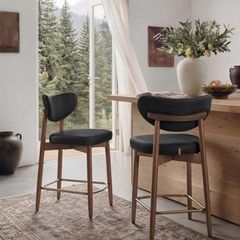 Set of 2 Bar Stools with Backrest Solid Wood Legs in PU Leather Padded Counter Stool