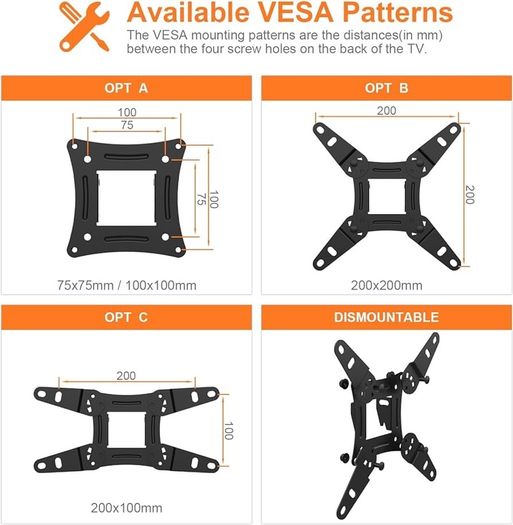 NEW SALE | GB1008-2 TV Wall Bracket for 13-43 inch TVs, TV Wall Mount for Flat & Curved TV, VESA 75x75MM to 200X200mm, up to 20KG, Tilt