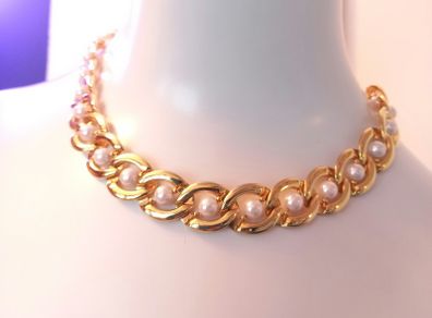 Vintage 1980s Statement Necklace Gold tone and Pearl