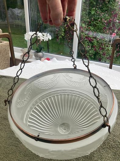 Vintage Art Deco Fluted White Opaque Glass and Copper Ceiling Light