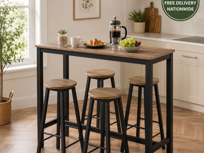 Industrial Bar Table & 4 Stool Set  Space Saving Breakfast Bar Dining Set