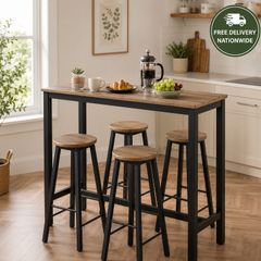 Industrial Bar Table & 4 Stool Set  Space Saving Breakfast Bar Dining Set
