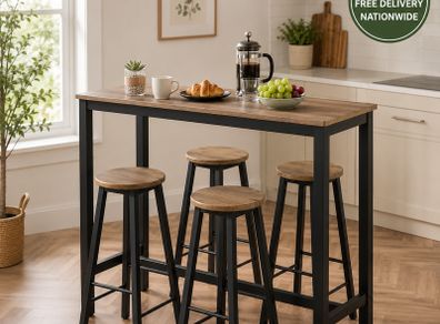 Industrial Bar Table & 4 Stool Set  Space Saving Breakfast Bar Dining Set