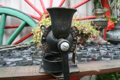 Black cast iron coffee grinder of firm Salter& Co. from England. Including  receptacle and cast iron table clamp.