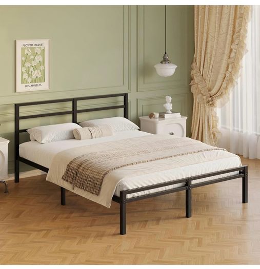 Metal Double Bed Frame with Headboard and Footboard | Fits 135 x 190 cm Mattress, Steel Slats Support, 30 cm Storage Space Underbed, Noise Free, Easy Assembly, Black
