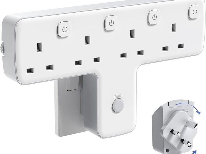 Multi Plug Adopter, Plug Extension with Independent Switches, 4 Way Plug Adapter UK Built-in Surge Protector, 4 in 1 Wall Socket Plug Extender with 180 Degree Rotation Button