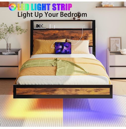 Single Bed Frame with Charging Station and LED Lights, Wood Headboard